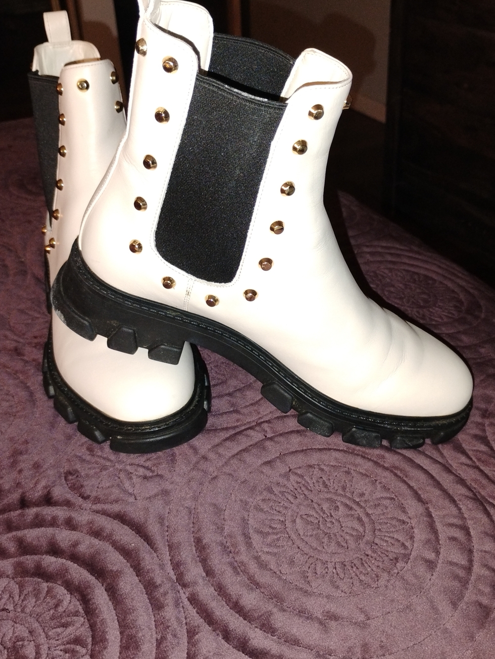 MICHAEL Michael Kors White Leather Chelsea Booties with Gold Studs